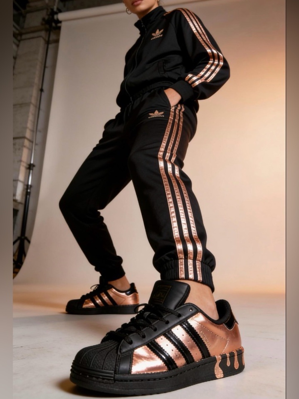 Custom Rose Gold Metallic oil spill stripped Adidas
